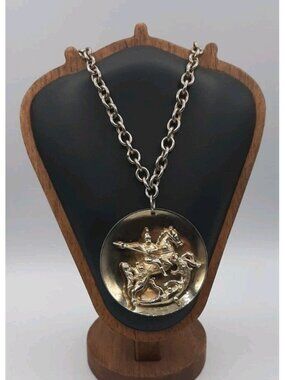 Vintage Gold Tone Pendant Necklace Saint George Slaying the Dragon High Relief